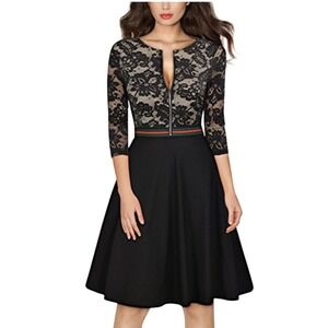 Miusol Black Lace Top Fit and Flare‎ Dress 1940s Style Pinup Cocktail Retro Glam